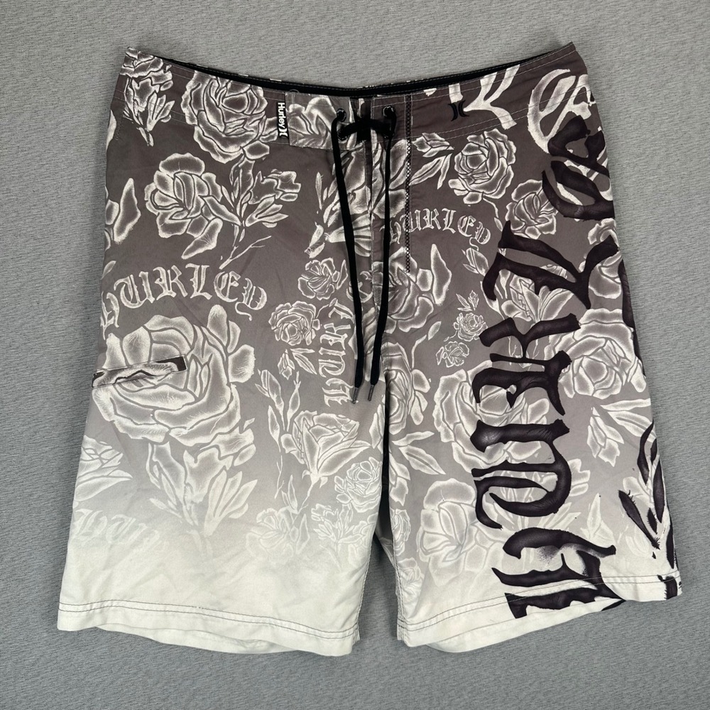 Hurley Board Shorts Men 33 Gray White Rose Floral Graphic Surf Trunks Tattoo Y2K